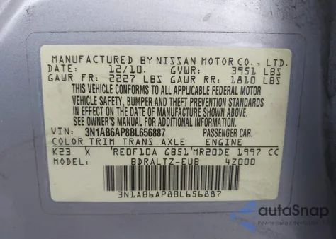 2011 Nissan Sentra 2.0Sr из США, поврежденный, VIN 3N1AB6AP8BL656887